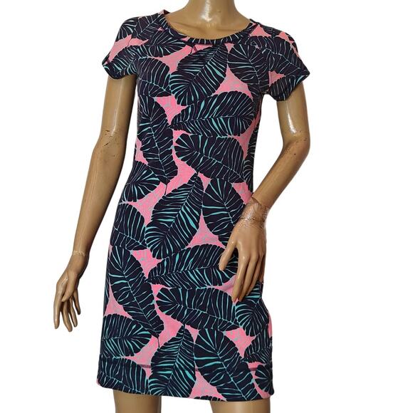 Lilly Pulitzer XXS Palm Leaf Pink & Navy Stretch T-Shirt Dress Tropical - Picture 1 of 6